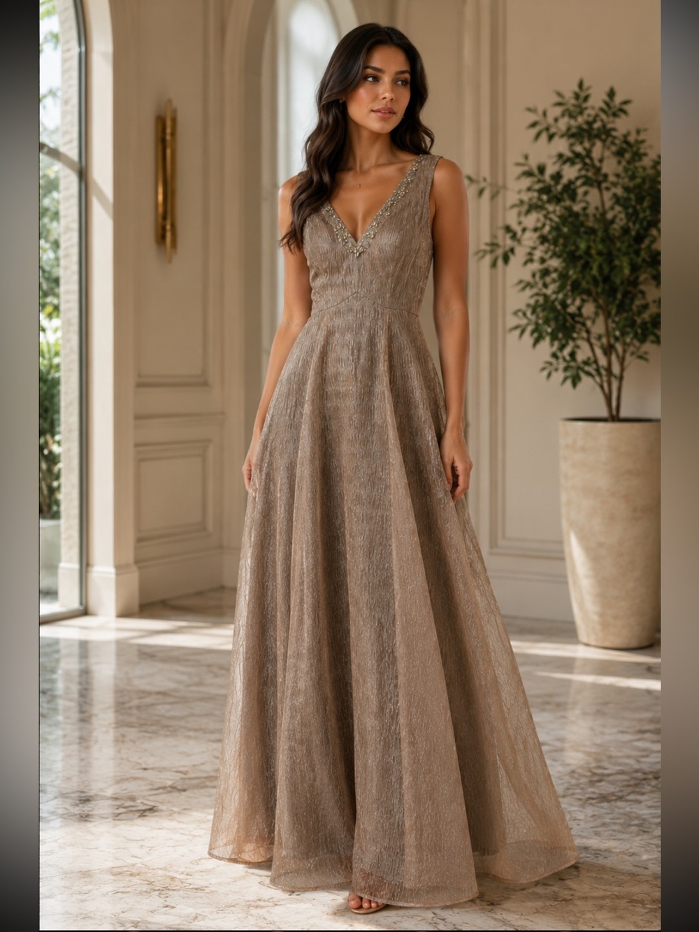 Aidan Mattox Taupe Metallic V-Neck organza long Gown
